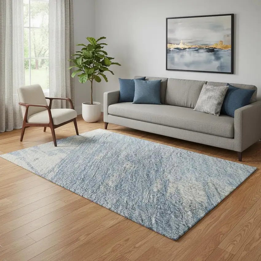 Denim Blue Ivory And Beige Abstract Washable Area Rug With UV Protection Photo 2