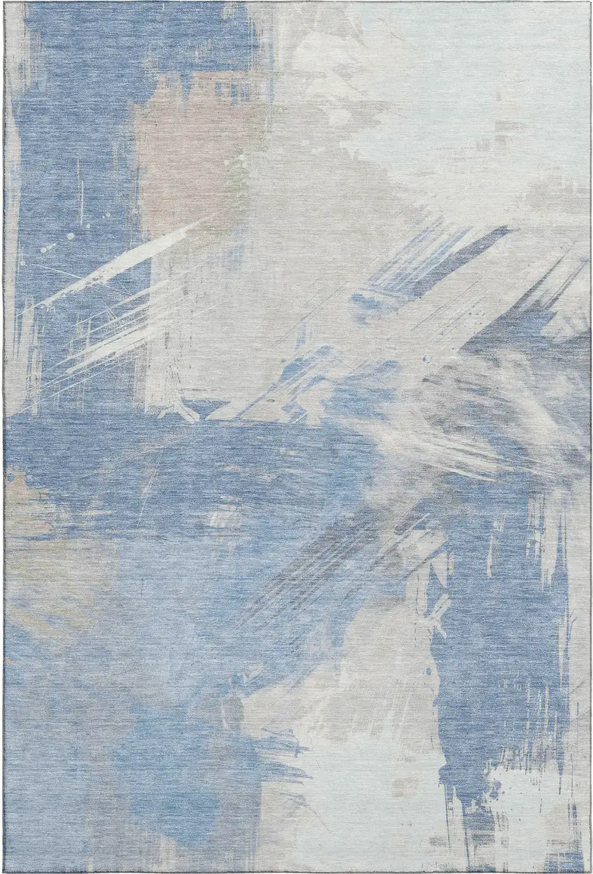 Denim Blue Ivory And Beige Abstract Washable Area Rug With UV Protection Photo 4