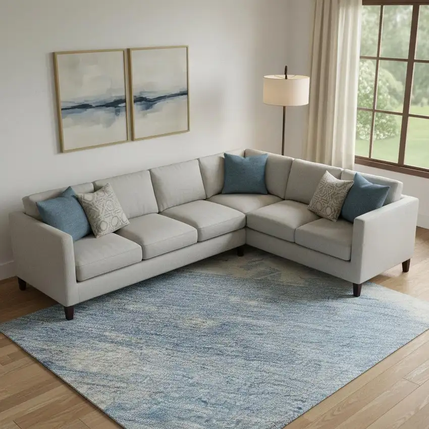 Denim Blue Ivory And Beige Abstract Washable Area Rug With UV Protection Photo 2