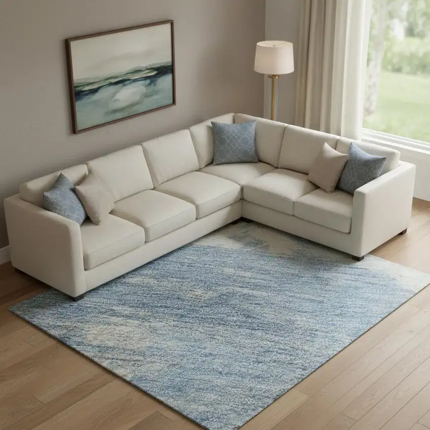 Denim Blue Ivory And Beige Abstract Washable Area Rug With UV Protection Photo 2