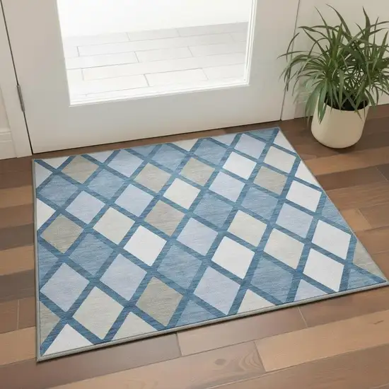 Denim Blue Ivory And Beige Geometric Washable Area Rug With UV Protection Photo 2