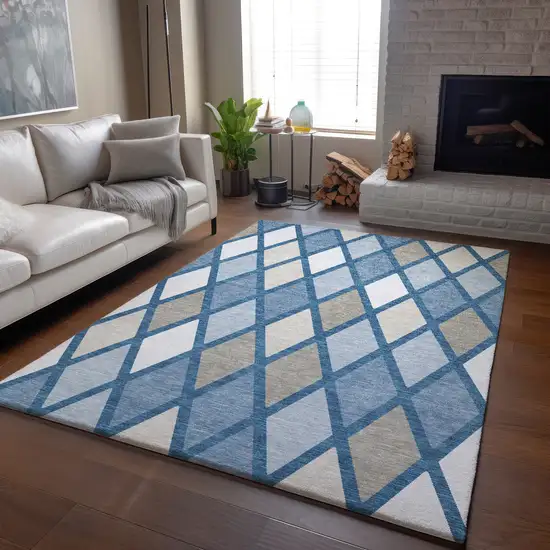 Denim Blue Ivory And Beige Geometric Washable Area Rug With UV Protection Photo 5