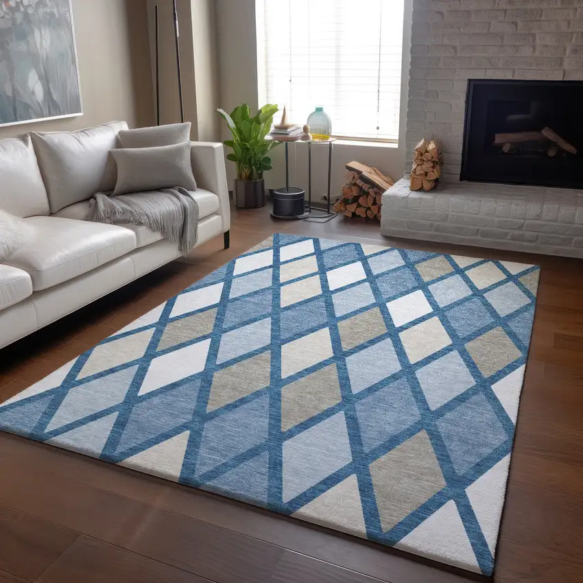 Denim Blue Ivory And Beige Geometric Washable Area Rug With UV Protection Photo 5