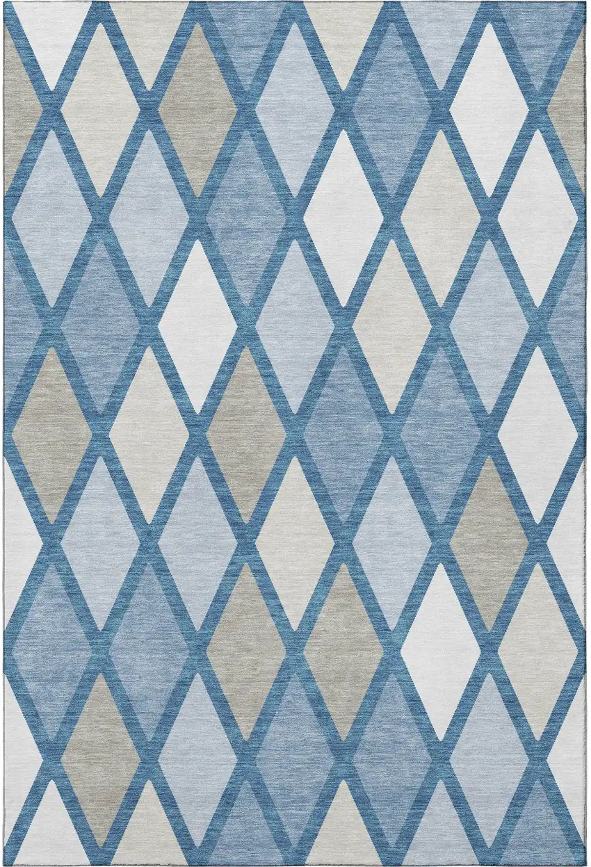 Denim Blue Ivory And Beige Geometric Washable Area Rug With UV Protection Photo 3