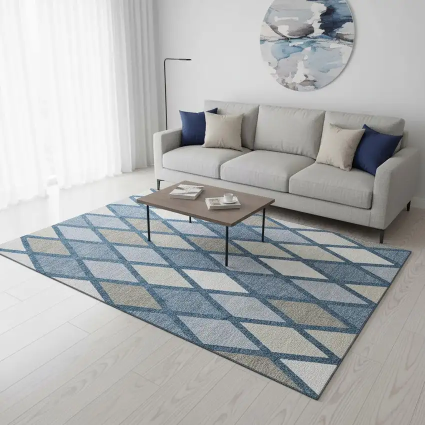 Denim Blue Ivory And Beige Geometric Washable Area Rug With UV Protection Photo 2