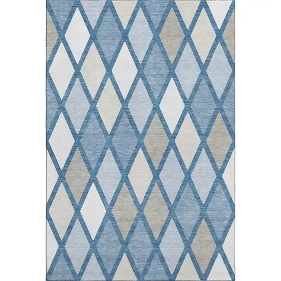 Denim Blue Ivory And Beige Geometric Washable Area Rug With UV Protection Photo 1