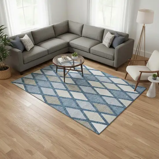 Denim Blue Ivory And Beige Geometric Washable Area Rug With UV Protection Photo 2