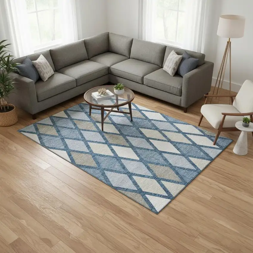 Denim Blue Ivory And Beige Geometric Washable Area Rug With UV Protection Photo 2