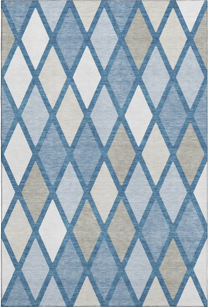 Denim Blue Ivory And Beige Geometric Washable Area Rug With UV Protection Photo 1