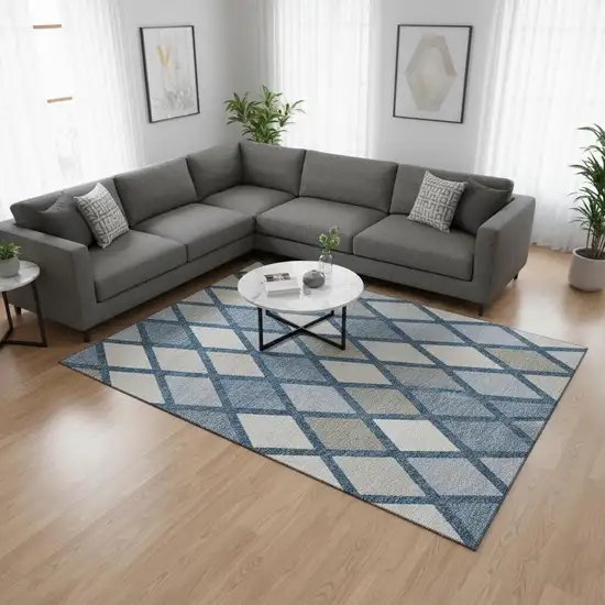 Denim Blue Ivory And Beige Geometric Washable Area Rug With UV Protection Photo 2