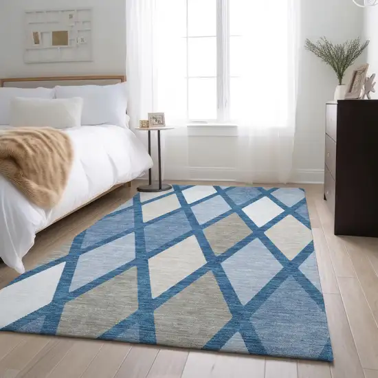 Denim Blue Ivory And Beige Geometric Washable Area Rug With UV Protection Photo 5