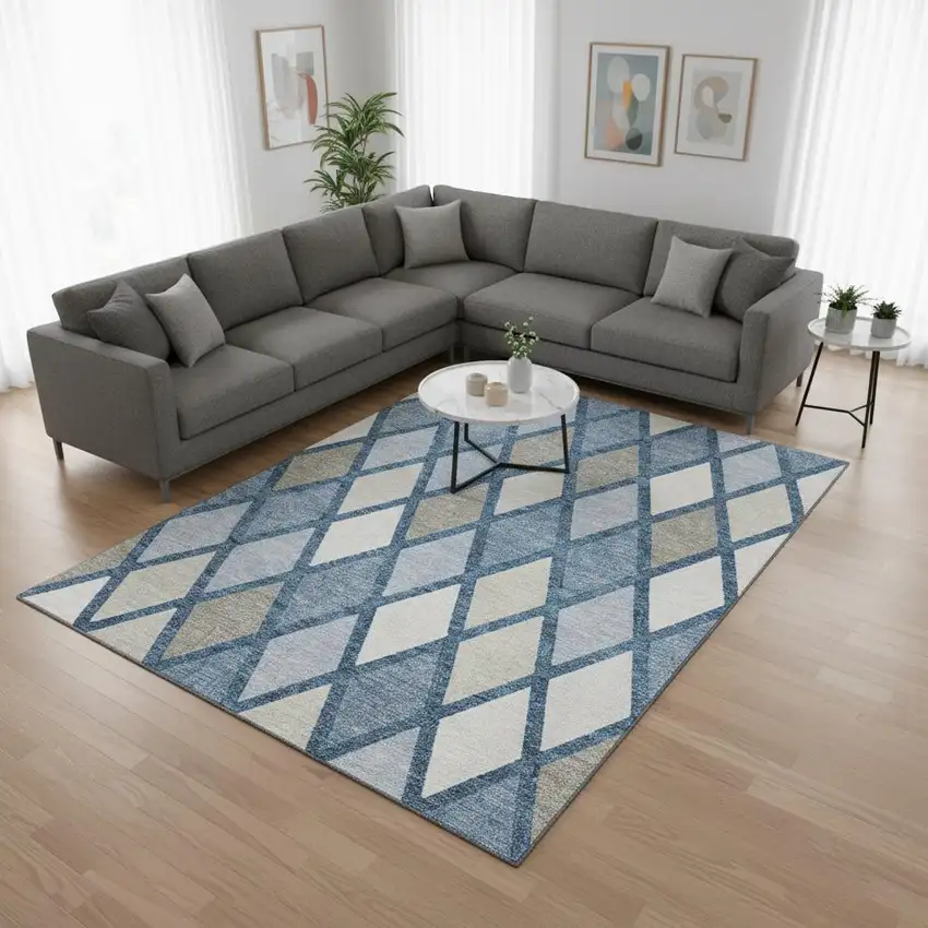 Denim Blue Ivory And Beige Geometric Washable Area Rug With UV Protection Photo 2