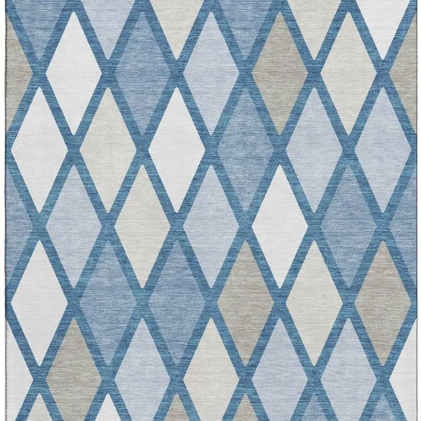 Denim Blue Ivory And Beige Geometric Washable Area Rug With UV Protection Photo 4