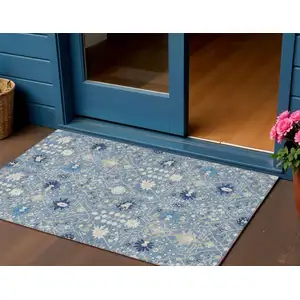 Photo of Denim Blue Ivory And Beige Oriental Washable Indoor Outdoor Area Rug