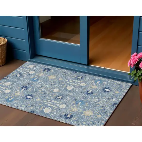 Denim Blue Ivory And Beige Oriental Washable Indoor Outdoor Area Rug Photo 1