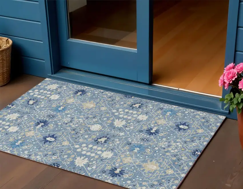 Denim Blue Ivory And Beige Oriental Washable Indoor Outdoor Area Rug Photo 1