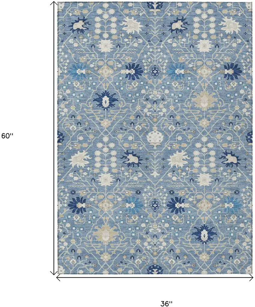 Denim Blue Ivory And Beige Oriental Washable Indoor Outdoor Area Rug Photo 3