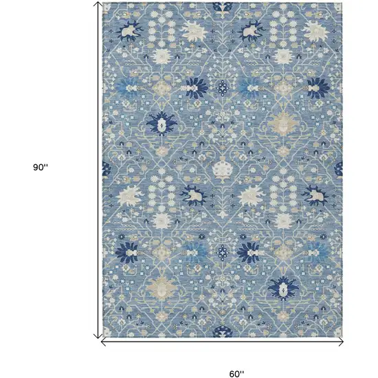 Denim Blue Ivory And Beige Oriental Washable Indoor Outdoor Area Rug Photo 3