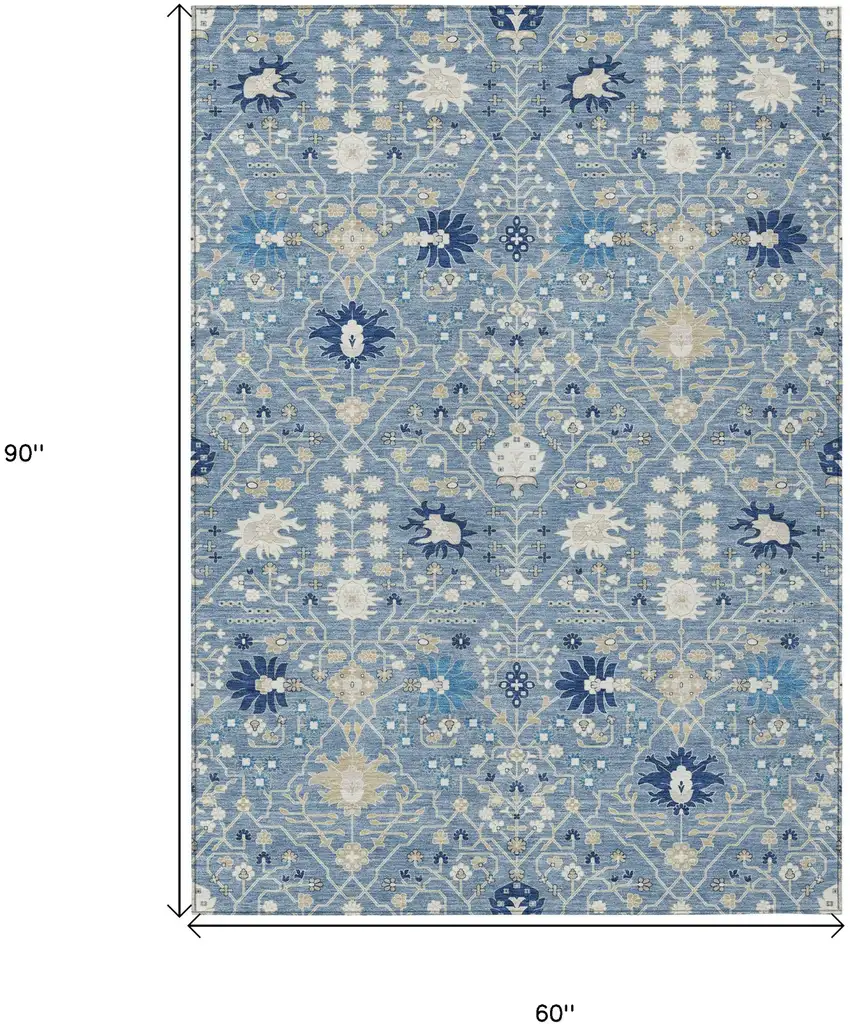 Denim Blue Ivory And Beige Oriental Washable Indoor Outdoor Area Rug Photo 3
