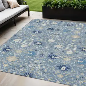 Photo of Denim Blue Ivory And Beige Oriental Washable Indoor Outdoor Area Rug