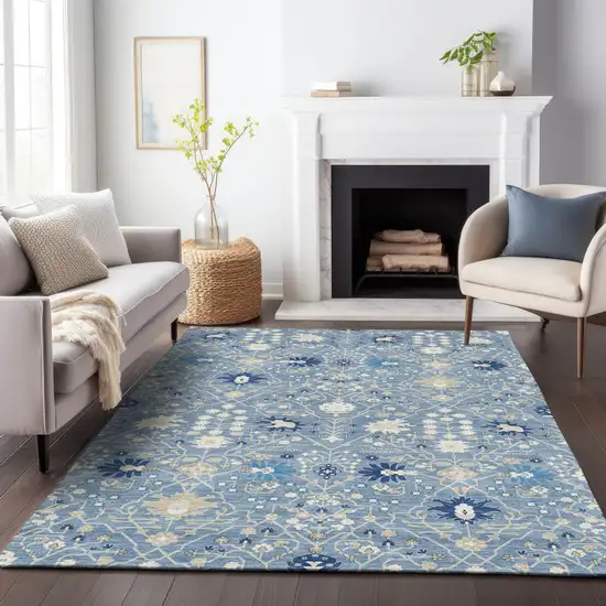 Denim Blue Ivory And Beige Oriental Washable Indoor Outdoor Area Rug Photo 9