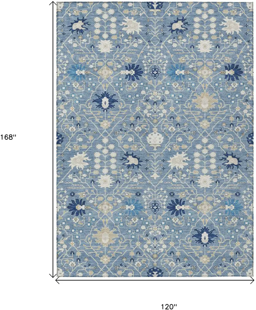 Denim Blue Ivory And Beige Oriental Washable Indoor Outdoor Area Rug Photo 3
