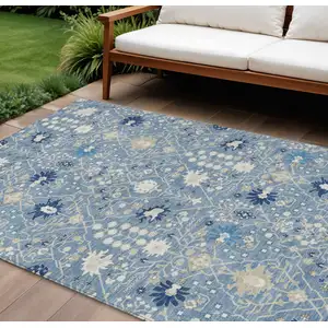 Photo of Denim Blue Ivory And Beige Oriental Washable Indoor Outdoor Area Rug