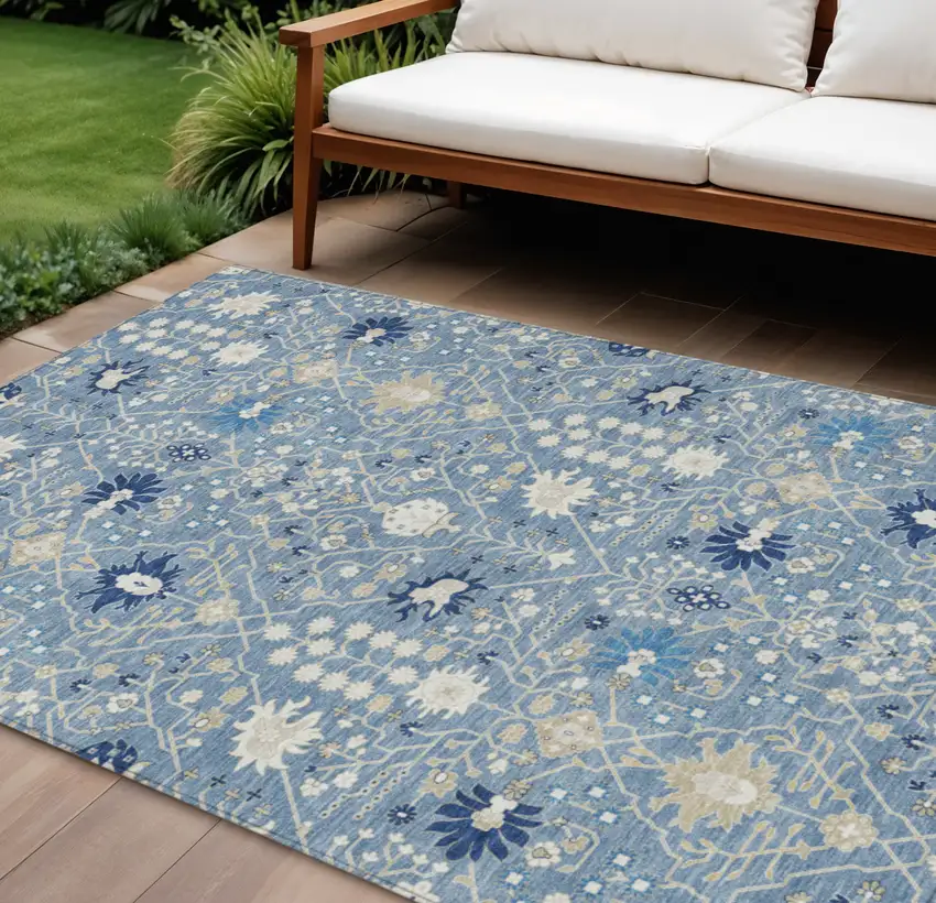 Denim Blue Ivory And Beige Oriental Washable Indoor Outdoor Area Rug Photo 1