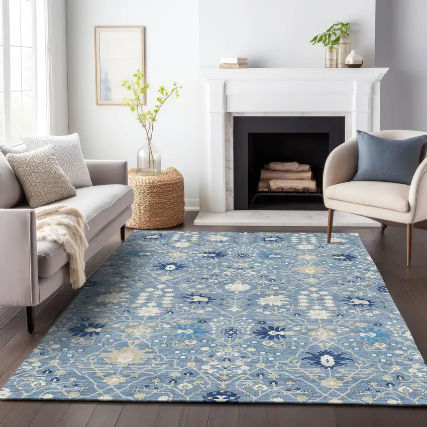 Denim Blue Ivory And Beige Oriental Washable Indoor Outdoor Area Rug Photo 9
