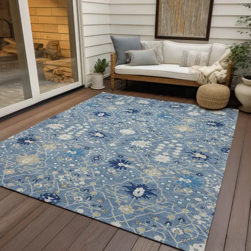 Denim Blue Ivory And Beige Oriental Washable Indoor Outdoor Area Rug Photo 8