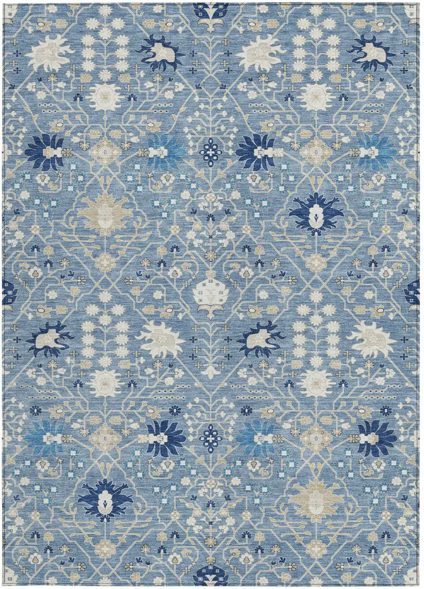 Denim Blue Ivory And Beige Oriental Washable Indoor Outdoor Area Rug Photo 7