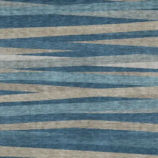Denim Blue Ivory And Beige Striped Washable Area Rug With UV Protection Photo 2