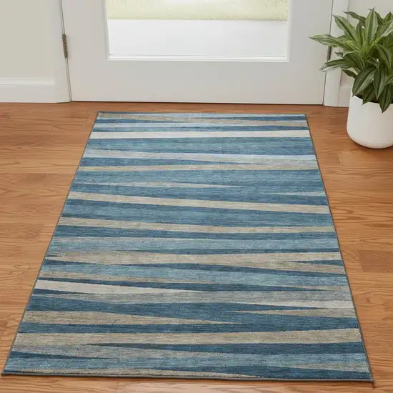 Denim Blue Ivory And Beige Striped Washable Area Rug With UV Protection Photo 2
