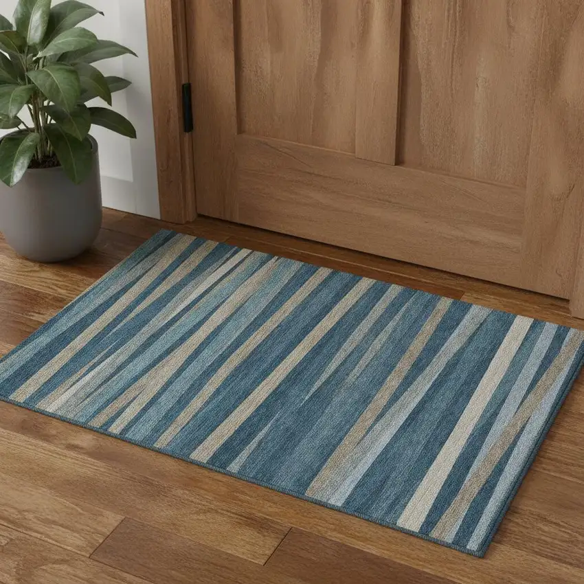 Denim Blue Ivory And Beige Striped Washable Area Rug With UV Protection Photo 1