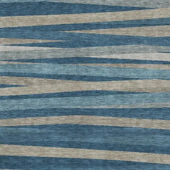 Denim Blue Ivory And Beige Striped Washable Area Rug With UV Protection Photo 2