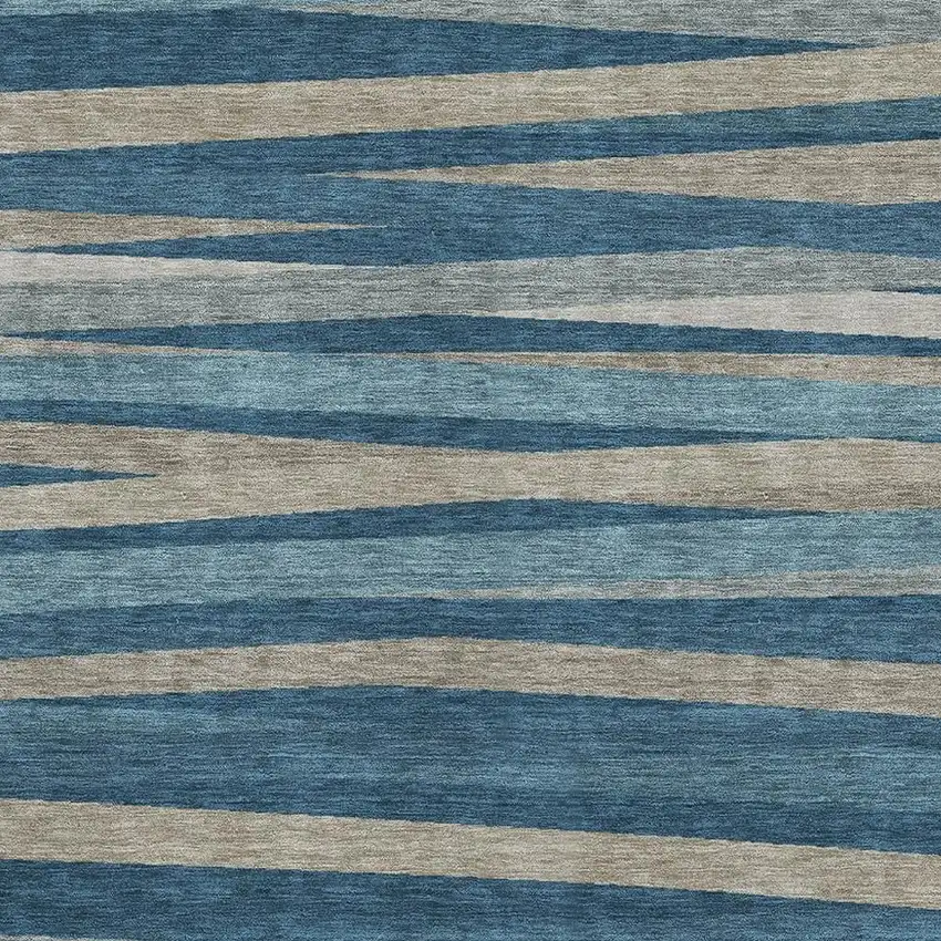 Denim Blue Ivory And Beige Striped Washable Area Rug With UV Protection Photo 2
