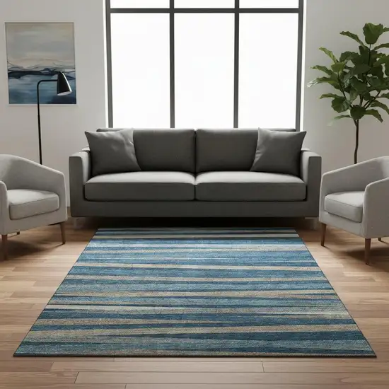 Denim Blue Ivory And Beige Striped Washable Area Rug With UV Protection Photo 2