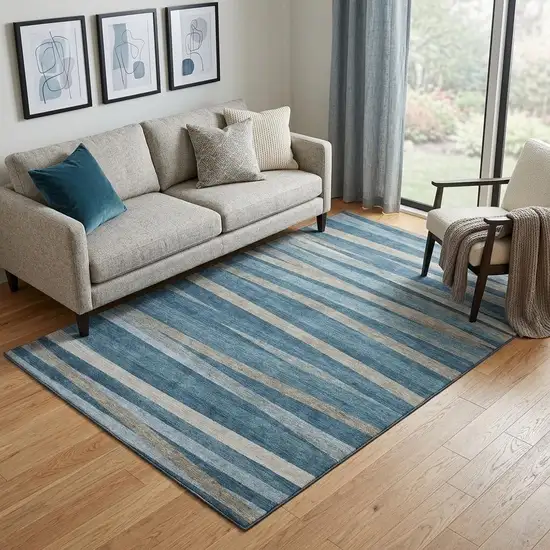 Denim Blue Ivory And Beige Striped Washable Area Rug With UV Protection Photo 1