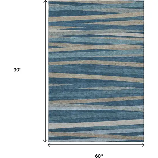 Denim Blue Ivory And Beige Striped Washable Area Rug With UV Protection Photo 8