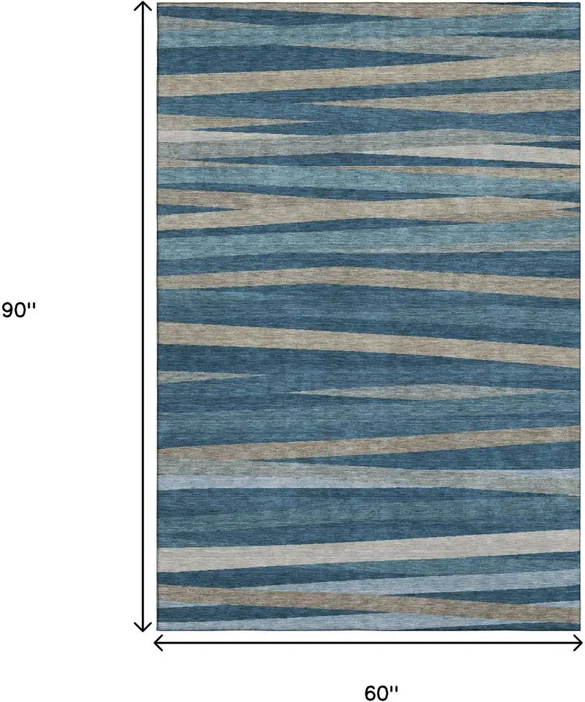 Denim Blue Ivory And Beige Striped Washable Area Rug With UV Protection Photo 8