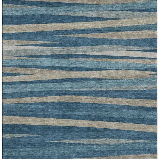 Denim Blue Ivory And Beige Striped Washable Area Rug With UV Protection Photo 3