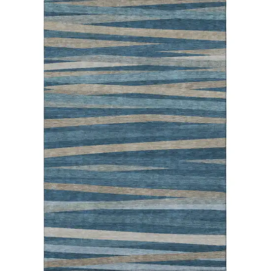 Denim Blue Ivory And Beige Striped Washable Area Rug With UV Protection Photo 2