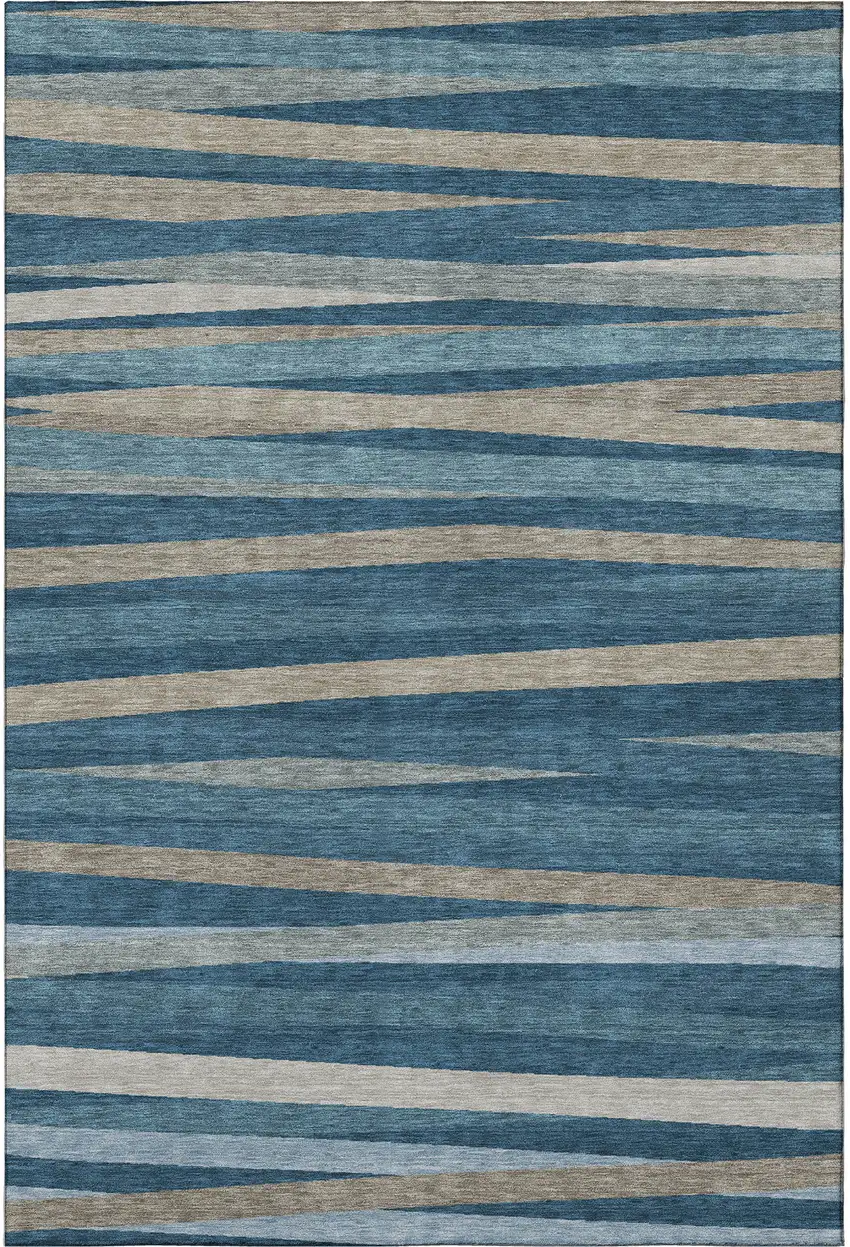 Denim Blue Ivory And Beige Striped Washable Area Rug With UV Protection Photo 2