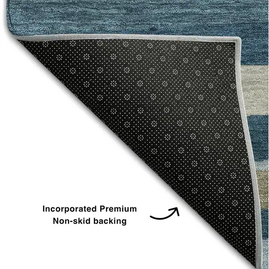 Denim Blue Ivory And Beige Striped Washable Area Rug With UV Protection Photo 5