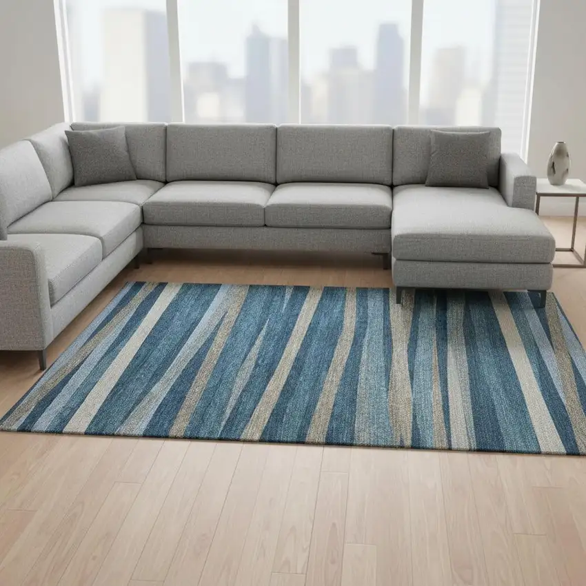 Denim Blue Ivory And Beige Striped Washable Area Rug With UV Protection Photo 2