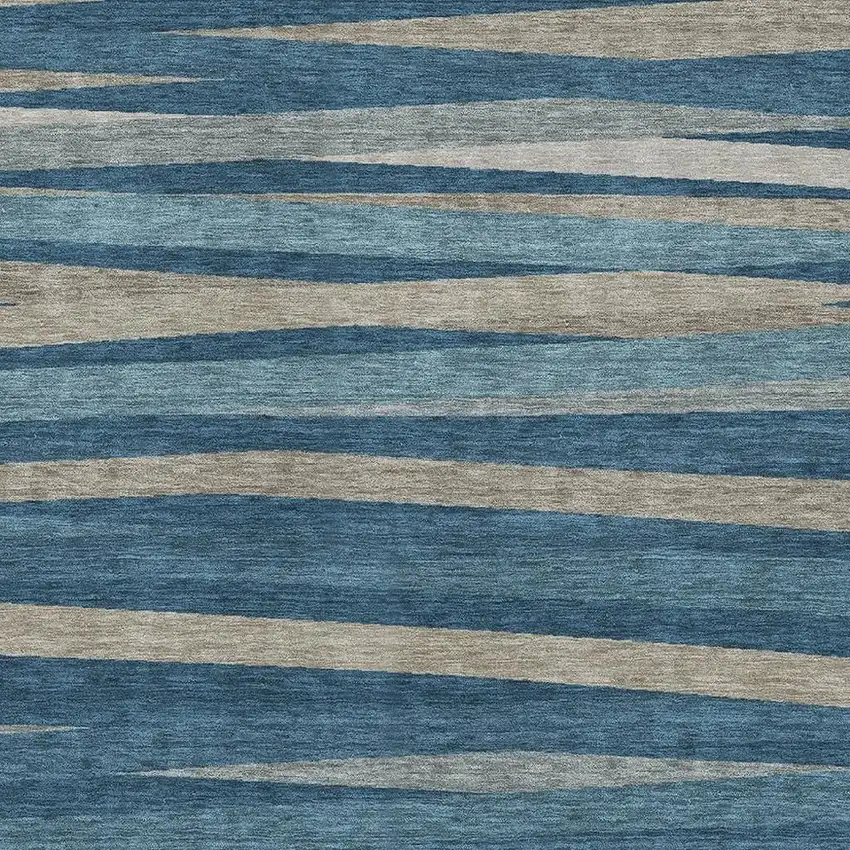Denim Blue Ivory And Beige Striped Washable Area Rug With UV Protection Photo 2