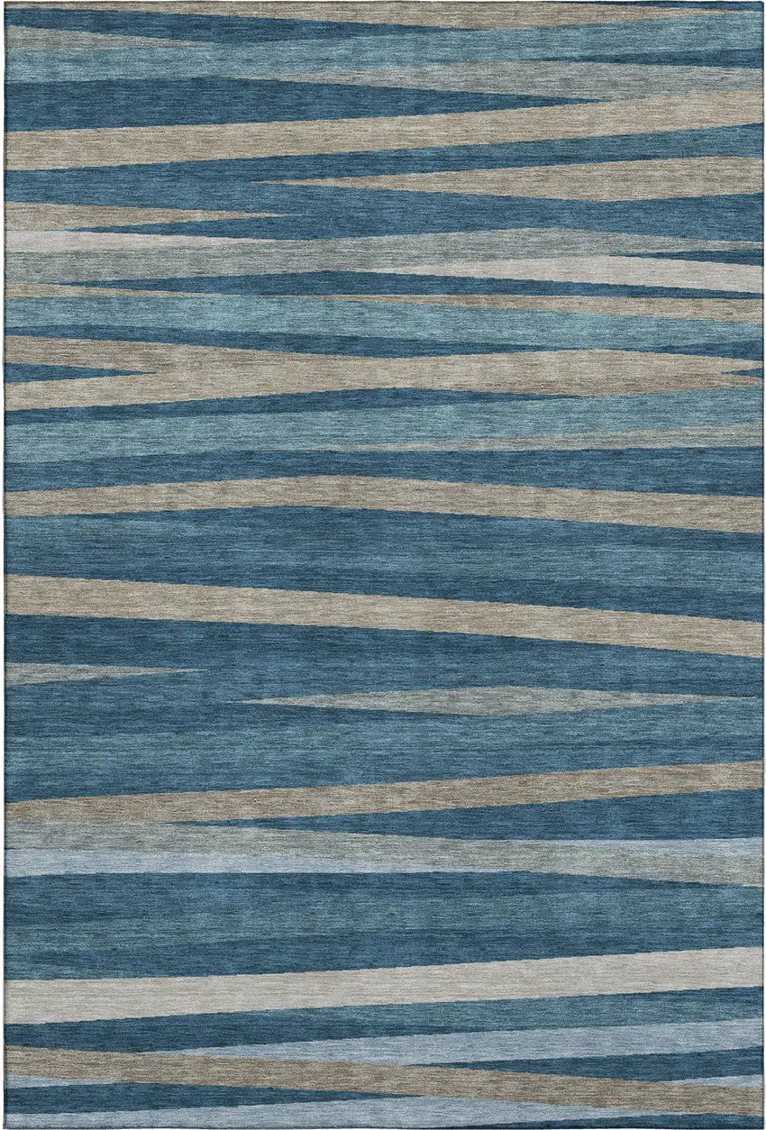 Denim Blue Ivory And Beige Striped Washable Area Rug With UV Protection Photo 1