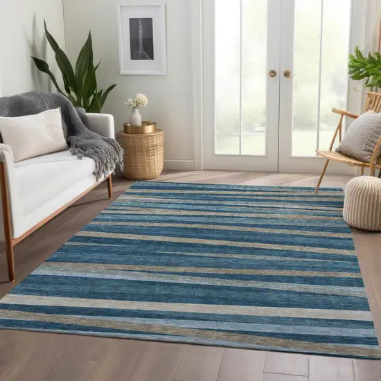 Denim Blue Ivory And Beige Striped Washable Area Rug With UV Protection Photo 5