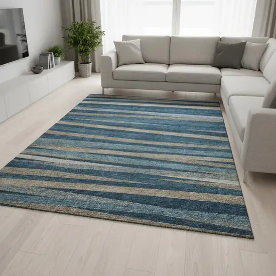 Denim Blue Ivory And Beige Striped Washable Area Rug With UV Protection Photo 2