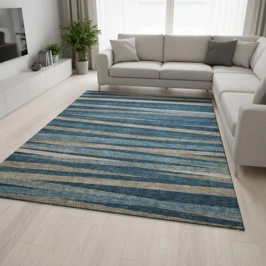Denim Blue Ivory And Beige Striped Washable Area Rug With UV Protection Photo 2